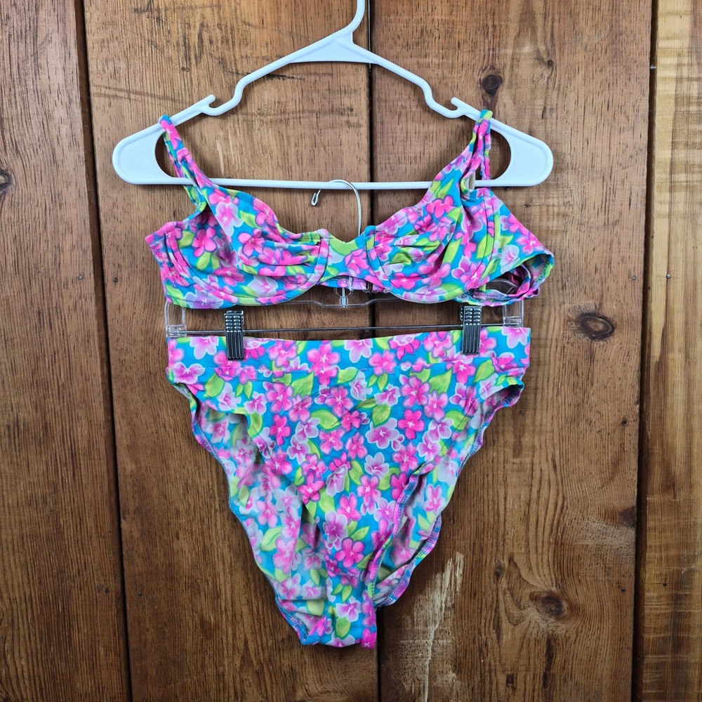 Vintage Catalina Floral Bikini Set Blue Pink High Waisted Underwire Made in USA